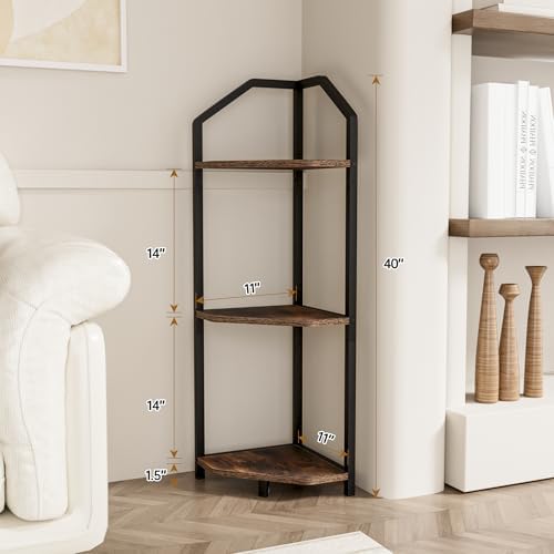 Fun Memories 3 Tier Corner Shelf, 40” Corner Shelf Stand, Corner Bookshelf Plant Stand, Storage Shelf for Bathroom, Living Room, Kitchen,Grey Home Office, Brown - Image 3