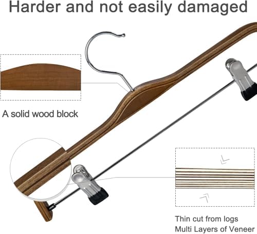 TOPIA HANGER Wooden Pants Hangers, Slim Natural Wood Skirt Hangers with Anti-Rust Hook and Adjustable Metal Clips, Perfect for Skirts, Pants, Slacks-20 Pack-CT17A20 - Image 6