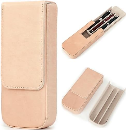 Top Grain Genuine Leather 3 Fountain Pen/Pencil Case Organizer, Solid Minimalist Design, Handmade, Magnetic Closing with Drawer Design, Gift Choice for Man/Woman/Office, Glossy Nude, 3 Slots by CataPurusLeatherCrafts