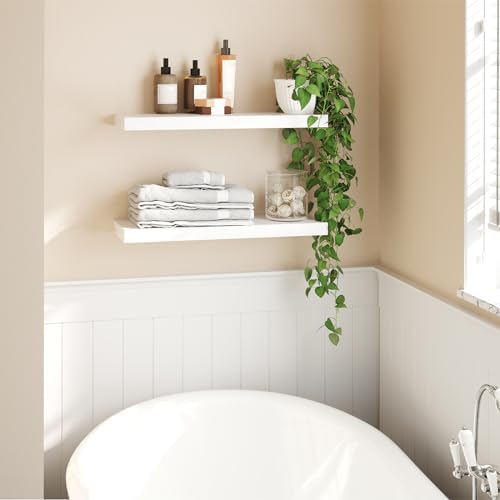 HOOBRO Floating Shelves for Wall, Wall Mounted Shelf Set of 2, 23.6" Hanging Shelf with Invisible Brackets, for Wall Decor Storage in Bathroom Bedroom Kitchen Living Room Office, White WT60BJ01 - Image 6