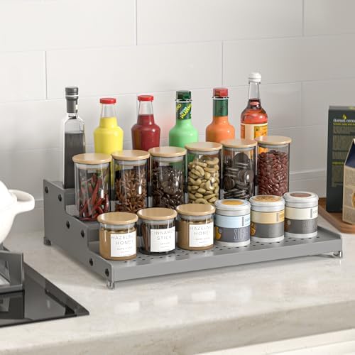 Expandable 3-Tier Metal Spice Rack, Heavy Duty Kitchen Step Shelf Organizer for Cabinet, Pantry & Countertop, Non-Slip Storage for Spices, Perfumes & Collectible Figures(GREY,2PACK) - Image 3