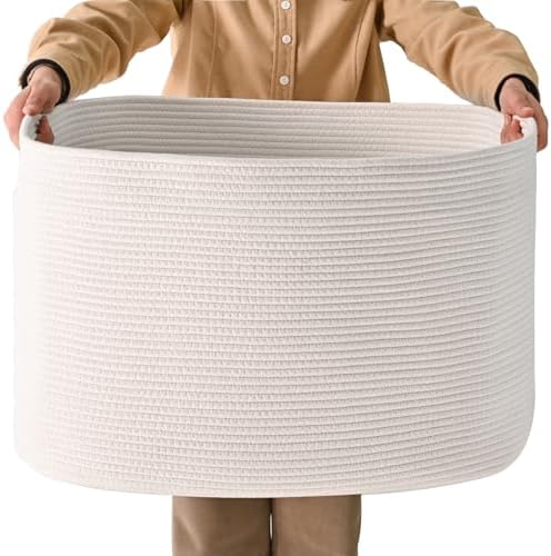 ICERZCZ White Laundry Basket, Blanket Baskets for Living Room, Cotton Rope Baskets for Storage, Woven Basket for Blankets, Toys, Clothes, Shoes, White, 25”x16”x16” (105L) by ICERZCZ