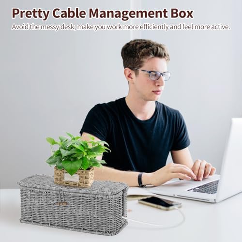 Cable Management Box, Desk Handwoven Rattan Cord Hider Cable Organizer Box With Lid Button Lock, Power Strip Cover Wicker Decorative Basket, Floor Wire Hiding Extension Cord Box (grey) - Image 3