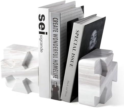 Decorative Square Marble Bookends for Heavy Books – Unique Book Ends for Shelves – Modern Aesthetic Book Holder/Stopper with Non-Slip Pads for Chic Home, Office, or Library Decor, Volakas by BCS