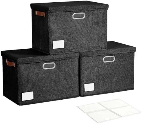 Roobyl 17" Large Fabric Storage Box with Lids, 3-Pack, Black by Roobyl
