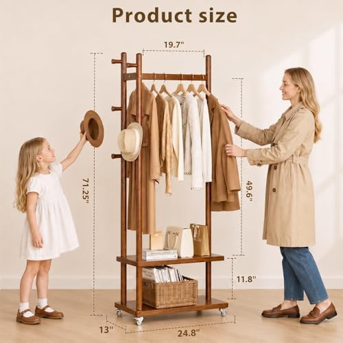Taitiy Coat Rack Freestanding Solid Wood Clothes Rack with Wheels - Image 2