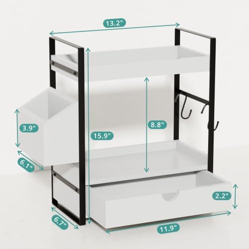 Kottwca 2-Tier Bathroom Counter Organizer with Drawer, Basket & Hooks, Wooden Vanity Shelf for Skincare, Perfume & Makeup Storage(White) - Image 3
