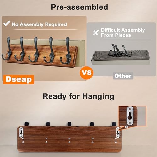 Dseap Coat Rack Wall Mounted - 5 Tri Hooks, Heavy Duty, Wooden Wall Coat Hanger Coat Hook for Clothes Hat Jacket Clothing, White & Black, Pack of 2 - Image 4