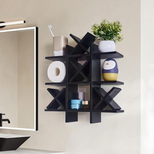 DAOYOUSKY Tic Tac Toe Toilet Paper Holder Stand with 4pcs Wooden X, Farmhouse Rustic Wall Mounted Funny Toilet Papers Storage Organizer with Shelf, Guest Bathroom Decor, Black - Image 6