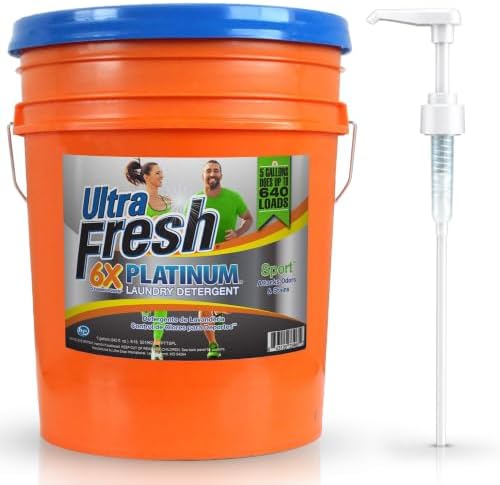 Ultra Fresh 5 Gallon Liquid Laundry Detergent Washing Soap for All Machine Types, 6X Platinum, Up to 640 Loads, Sport Odor & Stain Remover by UltraFresh