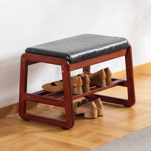 latifolia Solid Wood Bench, Entryway Shoe Bench with Cushion, 2 Tier Shoe Storage Organizer for Hallway, Living Room(Black,21.65''L) by Latifolia