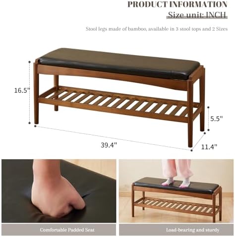 STDDRE Shoe Rack Bench Entryway Bamboo Shoe Storage Bench with Leather Cushion 2 Tiers Shoe Rack Entryway Bench for Hallway, Living Room,Bedroom(Black Bench top+Brown Frame) - Image 2