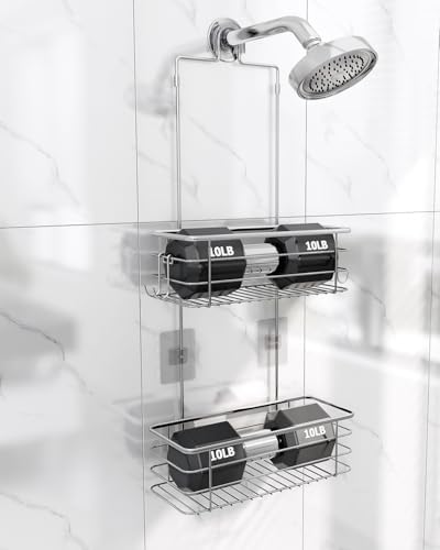 Hanging Shower Caddy, Stainless Steel, 2-Tier Bathroom Organizer Rack over Shower Head with 2 Hooks for Razor and Sponge - Image 6
