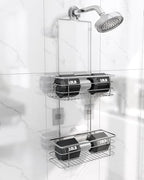 Hanging Shower Caddy, Stainless Steel, 2-Tier Bathroom Organizer Rack over Shower Head with 2 Hooks for Razor and Sponge - Image 6