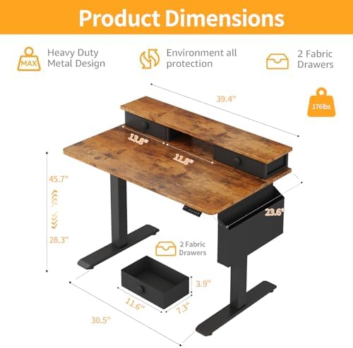 Electric Standing Desk Adjustable Height - 40 Inch Sit Stand Desk with Storage Drawers , Small Standing Desks with Shelf Monitor Stand, Kids Girls Computer Desks for Bedroom Home Office, Rustic Brown - Image 3