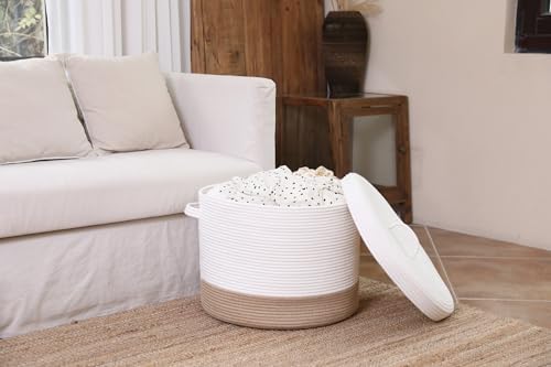 20x15 Inch Extra Large Round Cotton Rope Storage Basket with Lid, Decorative Woven Bin with Cover for Living Room Bedroom Closet, White & Jute - Image 4