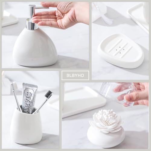 Ceramic Bathroom Accessory Set, 7 Pieces Countertop Accessories, Include Soap Dispenser, Toothbrush Holder, 2 Tumbler Cup, Soap Dish, Plastic Vanity Tray, Qtip Holder (White) - Image 4