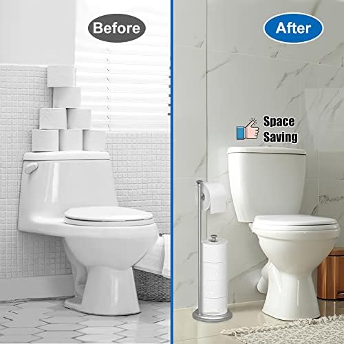 Free Standing Toilet Paper Holder Stand Brushed Nickel Toilet Roll Stand Bathroom Tissue Rack with Storage Reserves 5 Mega Rolls - Image 5