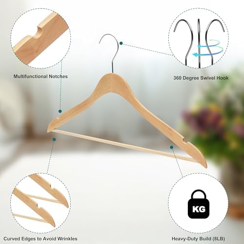 Quality Hangers 16.5" Wooden Hangers Multi Pack, Ultra Thin Space Saving Natural, 360 Degree Swivel Hook, Best for Shirts, Blouses, Pant, Suit, Coat, Dress Hangers Natural (20, Natural, With Pant Bar) - Image 2
