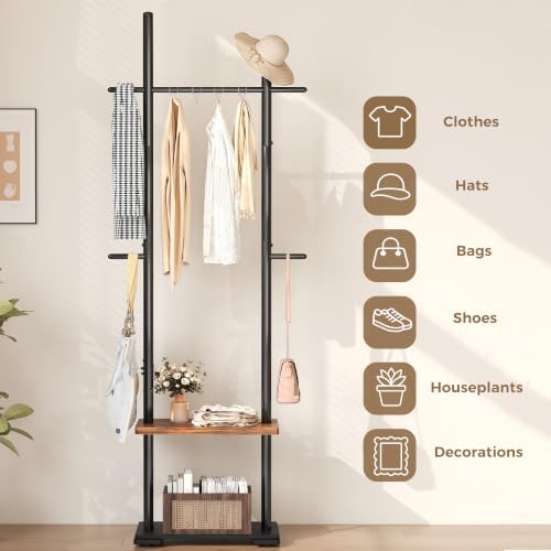 Freestanding Coat Rack Stand, Adjustable Feet, 2 Storage Shelves - Image 2
