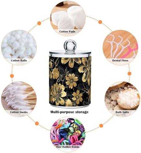 Fustylead 4 Pack Black and Gold Floral Qtip Holder Dispensers for Cotton Swab, Ball, Round Pads, Floss, Plastic Apothecary Jar Set for Bathroom Canister Storage - Image 3