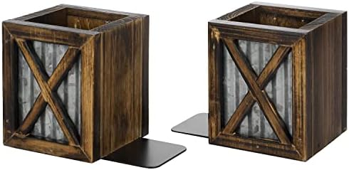 MyGift Rustic Bookends with Pen Holder, Wood & Metal Desk Organizer - Image 5