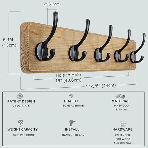 Dseap Coat Rack Wall: Patented, Heavy-Duty, 17.4" Long 5-Double-Hooks Wooden Wall Mounted Coat Rack Coat Hanger Hook Rail for Winter Coats Hat Jacket Clothing, Weathered Brown, Pack of 2 - Image 6