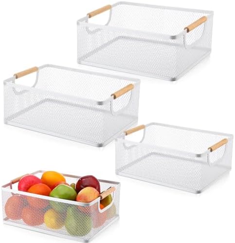 Rtteri 4 Pack White Metal Wire Basket with Wood Handle 2 Size Large Metal Mesh Basket Stackable Wire Storage Bin for Pantry Food Snacks Storage Kitchen Organizing by Rtteri
