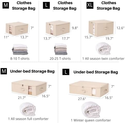 Under Bed Storage with Clear window/ 600D Sturdy Fabric, Underbed Storage Containers Bags for Clothes, Clothing, Blanket, Comforters Organizer (L（17.7x13.7x9.8in） for 20-25 T shirts, Beige) - Image 2