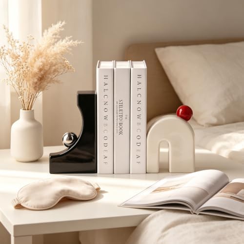 Glossy Ceramic Geometric Bookends, Modern Mid Century Arch & Curved Sculpture Book Stoppers, Double Duty Decoration Book Ends Decorative Book Holders for Shelf Tabletop, Minimalist Boho Home Gift - Image 6