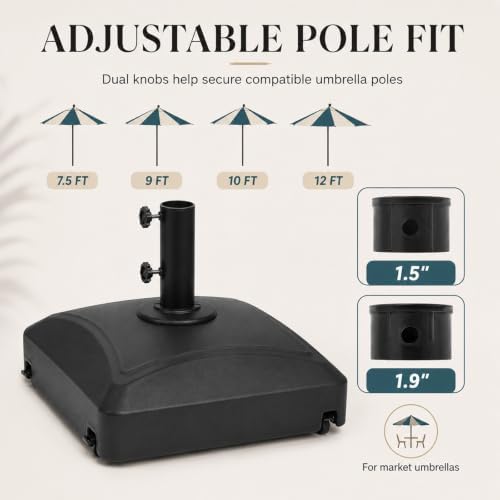 125 Lbs Fillable Mobile Umbrella Base, Heavy Duty Square Stand Built with 4 Rolling Wheels, Stable Outdoor Holder for Patio Deck Lawn and Poolside Market Parasols, Black - Image 7