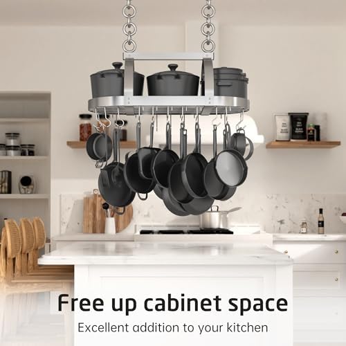 KES 34 Inch Heavy Duty Chrome Hanging Pot Rack Ceiling Mount, Oval Pot and Pan Hanging Rack, Pan Hanger for Kitchen Storage Organizer with 20 S Hooks (For 16" and 24" Ceiling Joist), KUR221S85-CH - Image 3