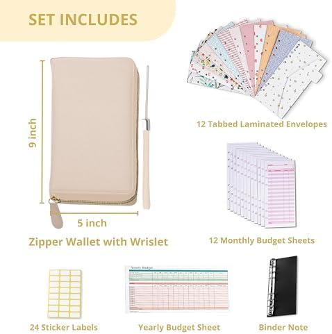 Three Way Cut Cash Envelope Wallet Beige All in One Budget System RFID Blocking with 12x Tabbed Envelopes 12x Monthly Budget Cards 1x Yearly Budget Planner Sheet Complete Money Organizer Set - Image 4