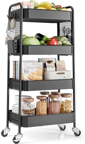 TOOLF 4 Tier Rolling Cart, Metal Utility Storage Cart with Pegboard, Black by TOOLF