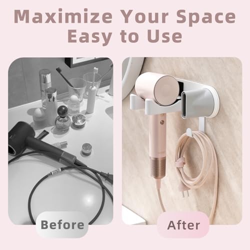 Hair Dryer Holder Wall Mounted, Hair Dryer Organizer Self Adhesive Compatible with Dyson Blow Dryer Holder Aluminum BlowDryer Holder Wall Mounted for Bathroom White - Image 5