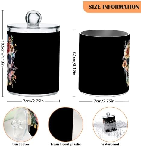 Fustylead 4 Pack Retro Floral Skull Watercolor Qtip Holder Dispensers for Cotton Swab, Ball, Round Pads, Floss, Plastic Apothecary Jar Set for Bathroom Canister Storage - Image 2
