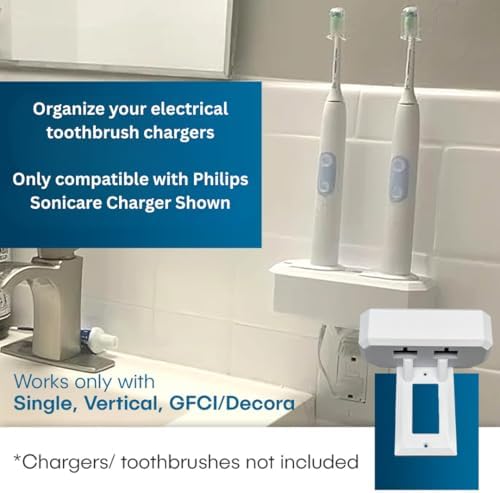 Electric Toothbrush Holder, Wall Mount, Compatible with Sonicare Holds 2 Chargers, Mounts on Single GFCI/Decora Outlet ONLY. (Charger/Brushes NOT Included), White (PS2C-GSSV) - Image 4