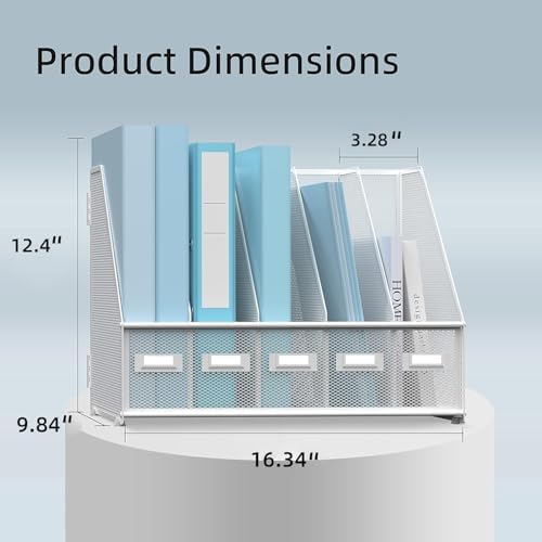 SUPEASY Desk Organizers Metal Desk Magazine File Holder with 5 Vertical Compartments Rack File Organizer for Office Desktop, Classroom, Home Workspace, White - Image 3
