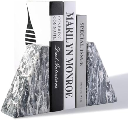Koville Marble Bookends for Shelves, Large Bookends for Heavy Books, Natural Stone Book Stopper for Books CD Movies, Aesthetic Decorative Book Ends (Grey) by Koville