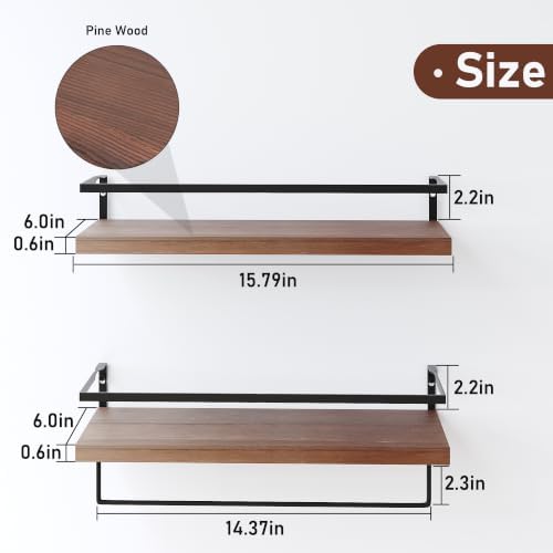 Wood Floating Shelves Wall Mounted - 2+1 Tier Rustic Bathroom Wall Shelves Over Toilet with Towel Bar, Natural Wood Set of 2 Farmhouse Floating Shelf for Bathroom, Kitchen, Bedroom, Dark Brown - Image 3