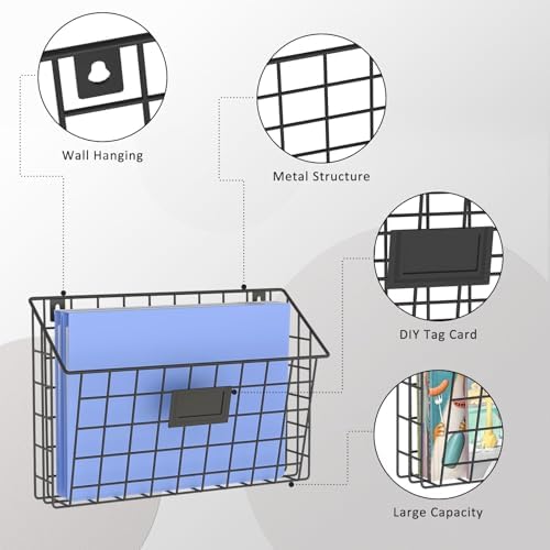X-cosrack 4-Tier Hanging Wall File Holder Vertical Wall Mount Metal Wall File Organizer with Tag Slot Document Magazine Rack Mail Organizer for Office Home, Black - Image 5