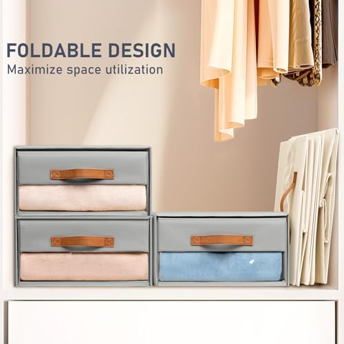 DIMJ Closet Organizers and Storage - Fabric Bins with Drawers for Closet Foldable Clothes Organizers with Clear Window, Stackable Storage Drawers Units for Bedroom, Living Room, 4-Pack, Grey - Image 6
