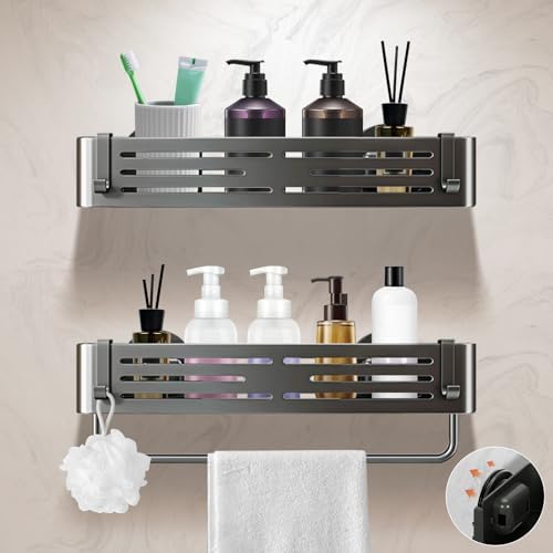 Lekesky Suction Cup Shower Caddy, No Drill Shower Shelves with a Towel Bar, Aluminum Rust Proof Bathroom Shower Organizer with 12 Hooks (2-Pack, Gunmetal Gray) by LEKESKY