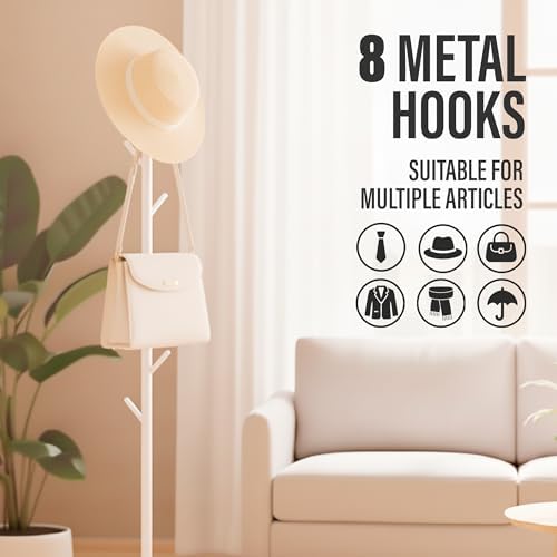 Coat Rack with Real Marble Base, Freestanding Metal Clothing Rack with 8 Hooks, Modern Hall Tree for Entryway, Bedroom & Office, Space Saving Coat Hanger Stand for Small Spaces (White) - Image 3