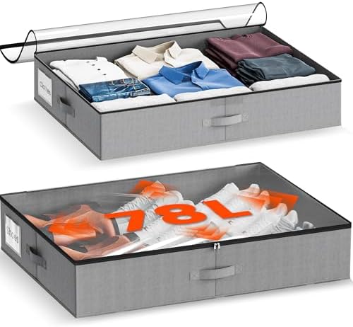 XXXL 78L Under Bed Storage, Storage Containers with Support & Clear Lid, Support Frame, Underbed Storage Bins for Clothes, Shoes, Blankets, and Toys 2 pack by Home