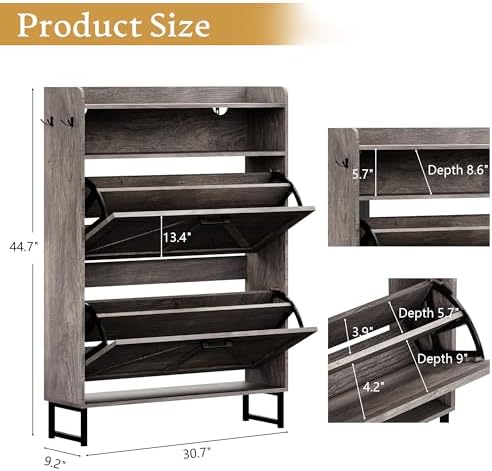 Wodeer Shoe Storage Cabinet with 2 Flip Drawers, Narrow Wood Shoe Cabinet Storage for Entryway with Metal Legs & Hooks, Adjustable Shelves, Freestanding Shoe Rack Organizer for Foyer, Hallway, Grey - Image 2