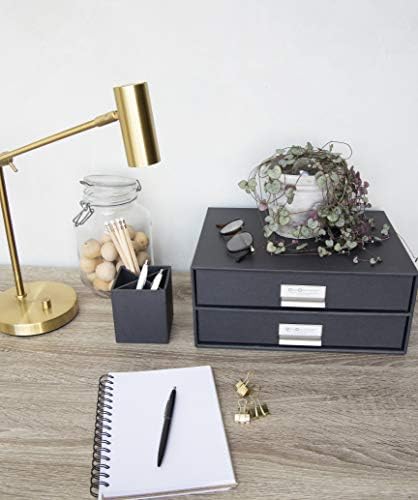 Bigso Box of Sweden Birger 2-Drawer Fiberboard Label Frame Document Letter Box for Loose Papers, Documents and More | Desktop Storage Drawers w/Metal Label Holder | 13.1" x 10" x 5.7" | Grey - Image 2