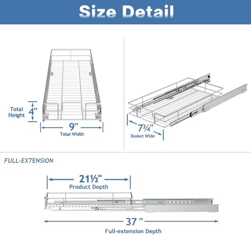 Pull Out Cabinet Organizer 9" W x 21½" D, Heavy Duty Cabinet Pull Out Shelves, Slide Out Drawers Organization for Kitchen Cabinets Bathroom - Image 3
