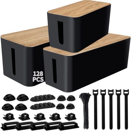 128PCS Cable Management Box 3Pack Cable Management Kit for Power Strip to Hide Wires,Cord Hider Boxes,Cord Box Safe ABS Material Wire Organizer of Cable Clips Sleeve for Home & Office, Black by YUANYE