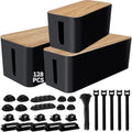 128PCS Cable Management Box 3Pack Cable Management Kit for Power Strip to Hide Wires,Cord Hider Boxes,Cord Box Safe ABS Material Wire Organizer of Cable Clips Sleeve for Home & Office, Black by YUANYE